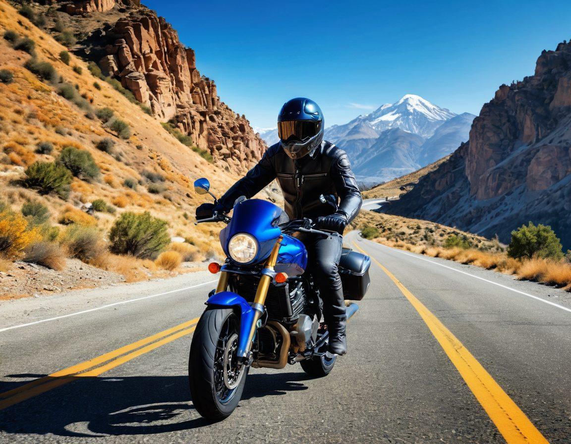A dynamic scene of a biker gearing up for an adventure, showcasing essential motorcycle gear like a helmet, leather jacket, gloves, and boots. The backdrop features a winding road through mountainous terrain under a bright blue sky, evoking excitement and freedom. Include a motorcycle parked nearby with a picturesque landscape in the background. realistic illustration. vibrant colors.