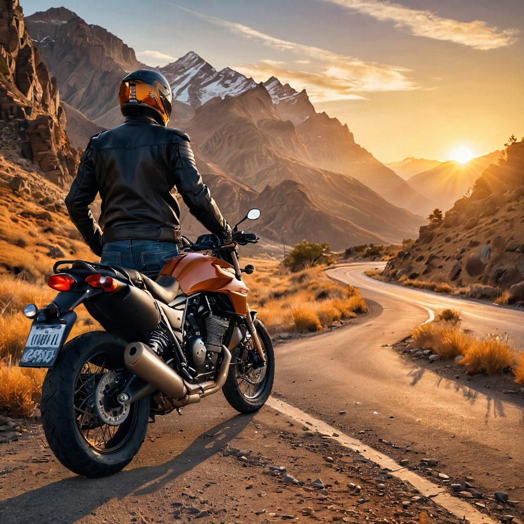 A breathtaking landscape featuring a winding road through majestic mountains, with a rugged motorcycle parked at the foreground. The scene showcases essential apparel and gear like a helmet, leather jacket, and durable boots, highlighting the adventurous spirit of motorcycle travel. The sun sets in the background, casting warm golden hues across the sky. super-realistic. vibrant colors. dynamic composition.