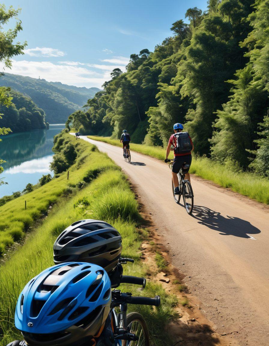 A stunning panoramic view of a winding river road, surrounded by lush greenery, with a variety of high-quality biking gear (helmets, backpacks, water bottles) artistically arranged in the foreground. Cyclists can be seen enjoying the road under a clear blue sky, evoking a sense of adventure and freedom. Bright, natural colors and a sense of motion should be emphasized. super-realistic. vibrant colors. 3D.